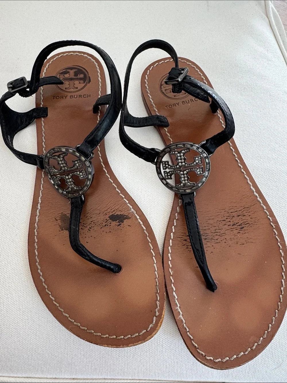 Tory Burch Violet Thong Sandals black leather rhinestone logo medallion detail 8